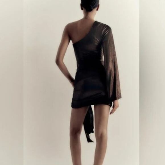 Zara Metallic Bronze Asymmetric Ruched Bodycon Mini Dress Size Large - Picture 8 of 11